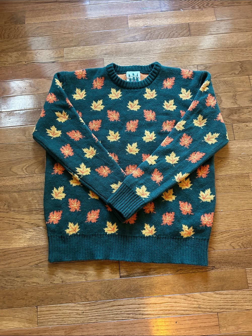 Kiel James Patrick Green Crewneck Sweater with Yellow & Orange Maple Leaves